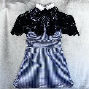 Self Portrait blue striped cotton lace overlay  mini dress size 2